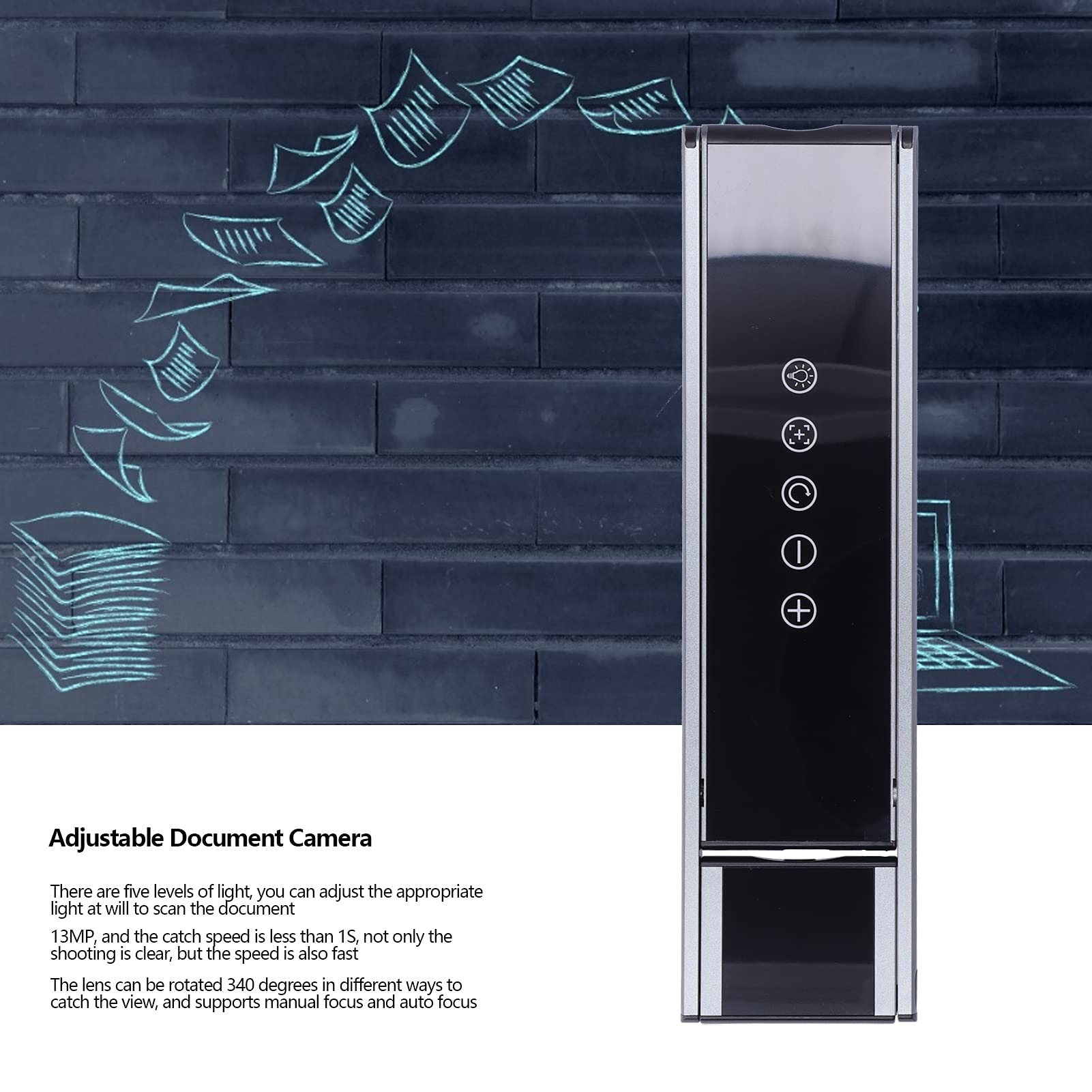 Denash Cámara de Documento Cámara de Documento USB de Alta Resolución para Lecciones, Ajustable Portátil para Windows 10/8/7 / XP/OS X/Chrome OS / /, Escáner A3 de 13MP Black ABS -Plástico para