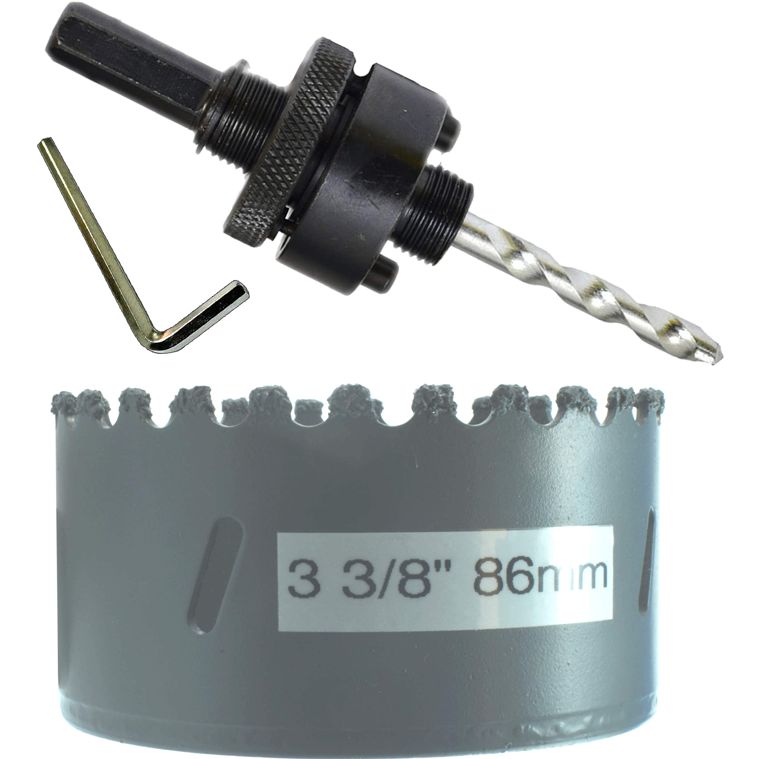 86mm Carbide Hole Saw Bit 3 3/8 in with 11mm (7/16) Hex End Arbor with TCT Pilot Drill For Drilling Concrete Brick Pavers Plaster Backerboard Gyproc Concrete Blocks Cement Board and Masonry — image 1