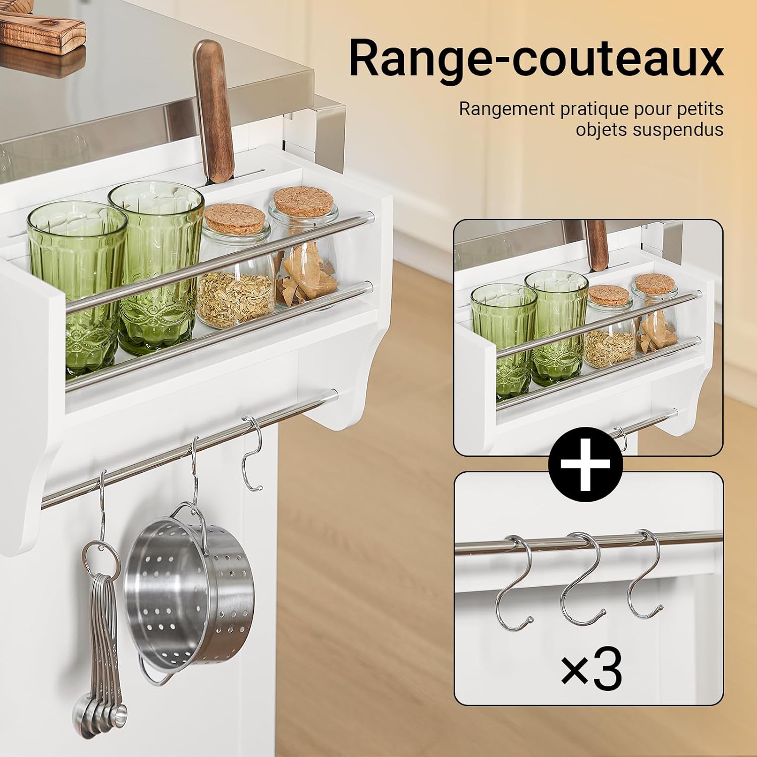 Image detailing the knife rack with three hooks attached to the side of the kitchen island.