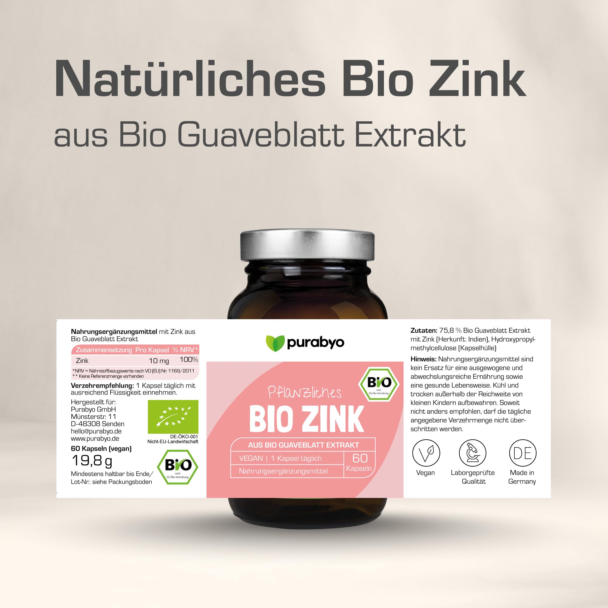 Natürliches BIO Zink aus Bio Guavenblatt Extrakt | im Glas | Zink hochdosiert 10 mg | 100% Tagesbedarf | 2- Monatsvorrat | vegan | vegan, laborgeprüft und in Deutschland hergestellt (Packung mit 2)