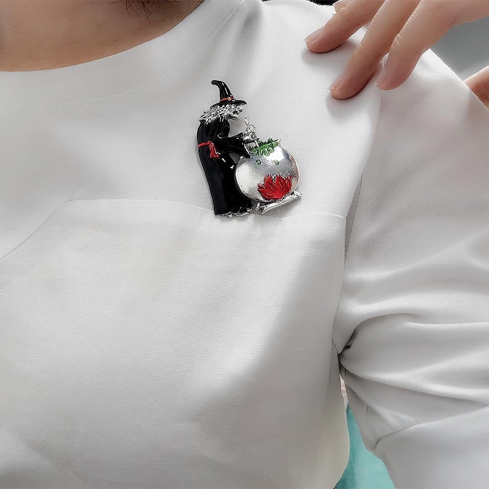 Enamel Witch Brooch Pin for Women Girls Men Silver Tone Fashion Cute Witchy Hat Halloween Making Magic Brooches Badges Lapel Pins Fun Holiday Festival Costume Hat Bag Suit Dress Accessories Jewelry - Image 2