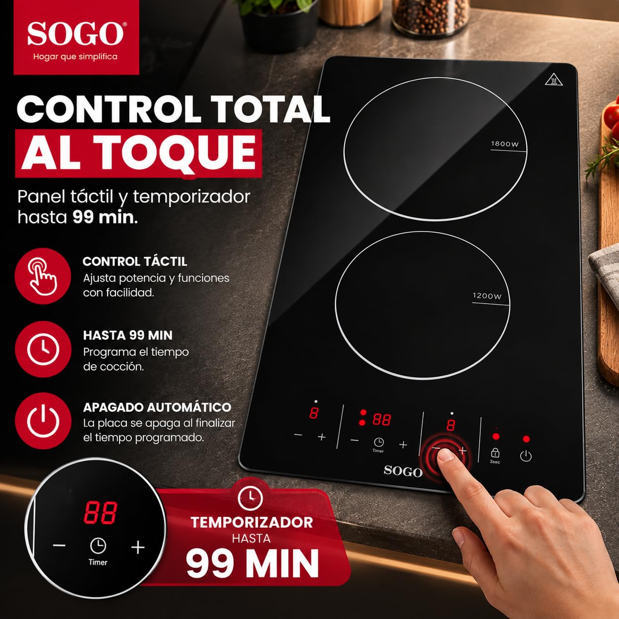 Placa Vitrocerámica 2 Zonas 3000W con Control Táctil – Cocina Eléctrica Empotrable, 9 Niveles de Potencia, Temporizador 99 min, Bloqueo Infantil y Apagado Automático