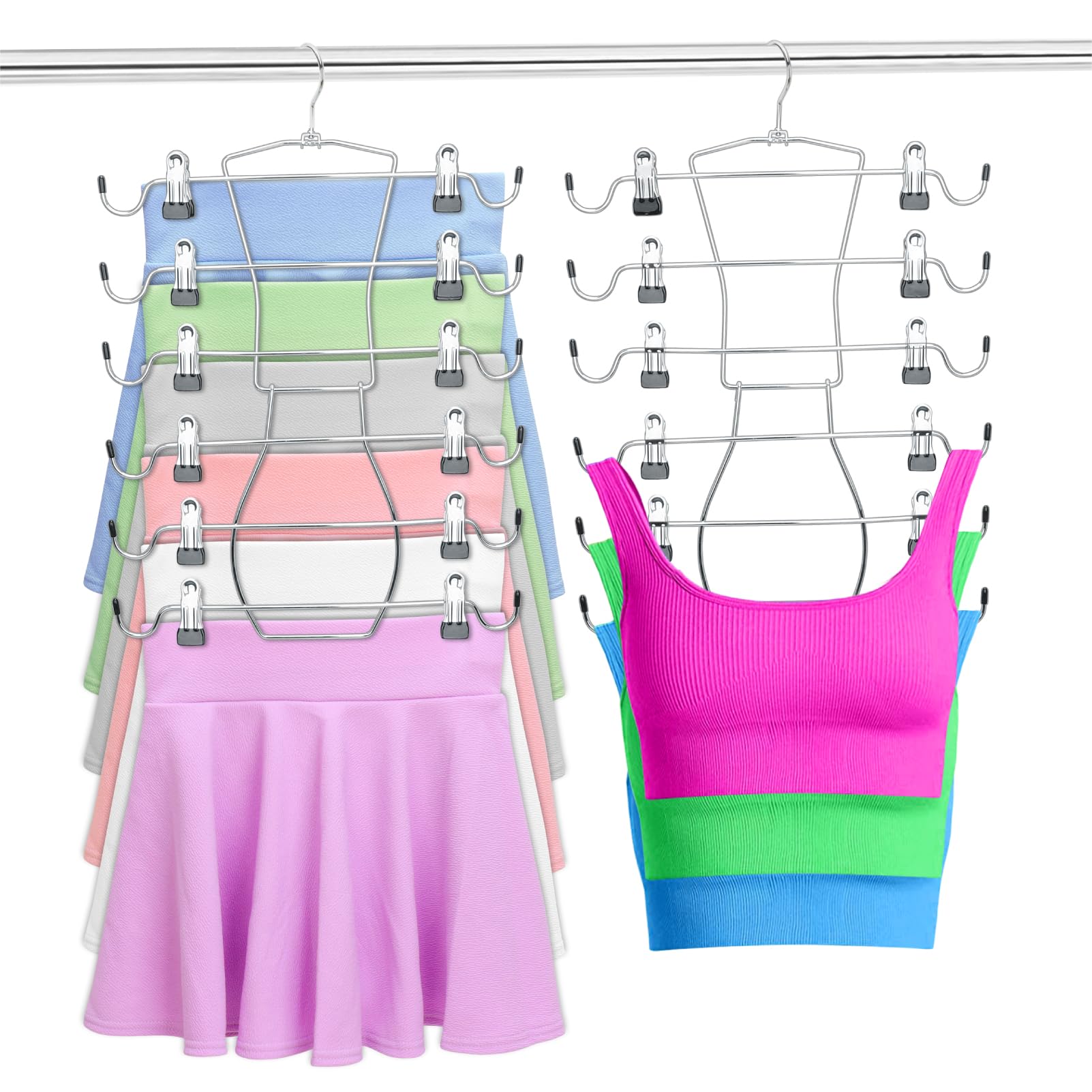 Fkamz 2 Pack 6 Tier Pants Hangers Space Saving, Skirt Hangers Closet Organizers and Storage with Clips Holds 24 Skirts/Pants/Jeans/Shorts/Lingeries,