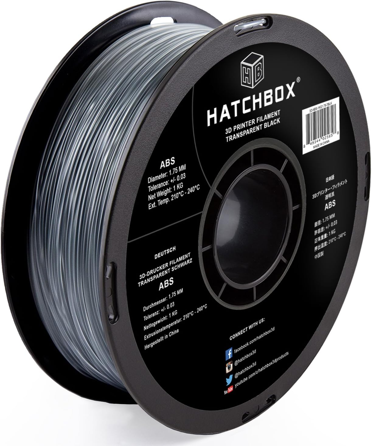 HATCHBOX ABS 3D Printer Filament, Dimensional Accuracy +/- 0.03mm, 1 kg Spool, 1.75 mm, Transparent Black