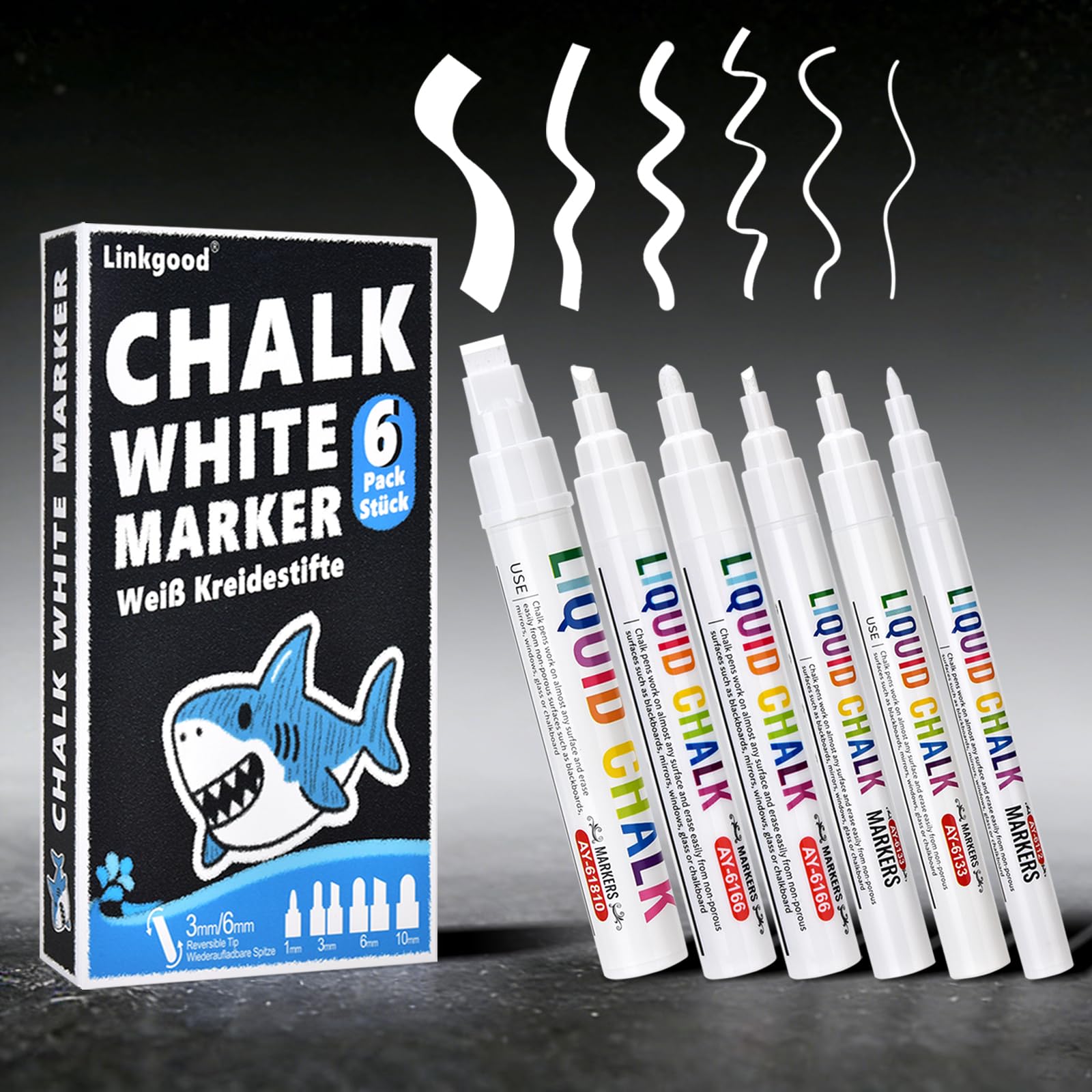 Weiße Flüssigkreide 6er Set, Kreidemarker Abwaschbar Fenstermalstifte Tafelstifte Whiteboard Marker mit 6 verschiedenen Spitzen, Hochdeckend Wasserbasiert für Glas Fenster Tafel Spiegel Whiteboard
