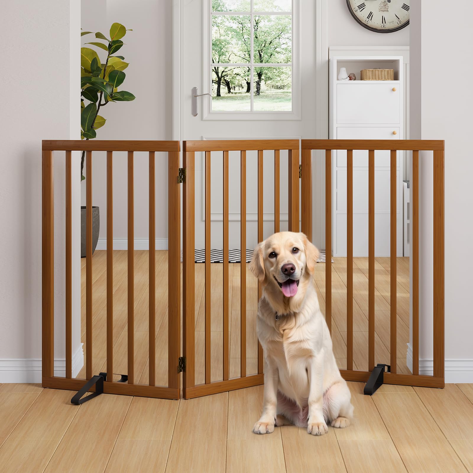 Semiocthome Bamboo Freestanding Dog Gates for Doorways, 2-Panel Indoor Puppy Gates for The House with 2 Metal Stands, 60cm(H) Folding Pet Gate for Stairs Expands Up to 94cm(W) Walnut — view 27