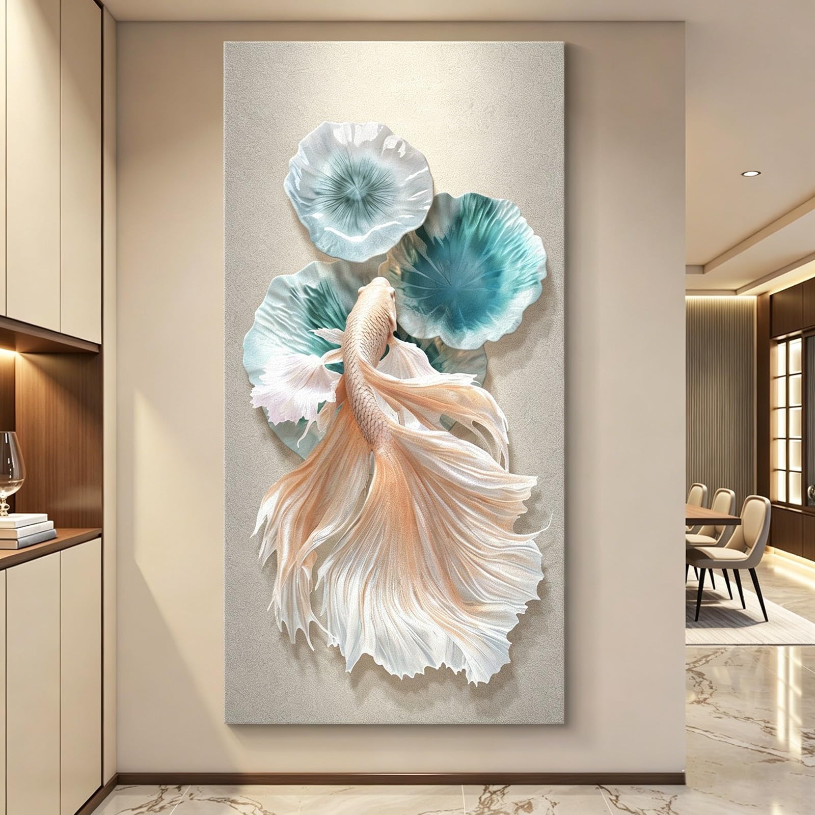 ZCQMSCWW 3D LED Embossed Koi Fish Wall Art，Large Vertical Lotus Leaf Mural Modern Textured Relief Sculpture Decor for Entryway Living Room(B,120 * 60cm/47.2 * 23.6in)