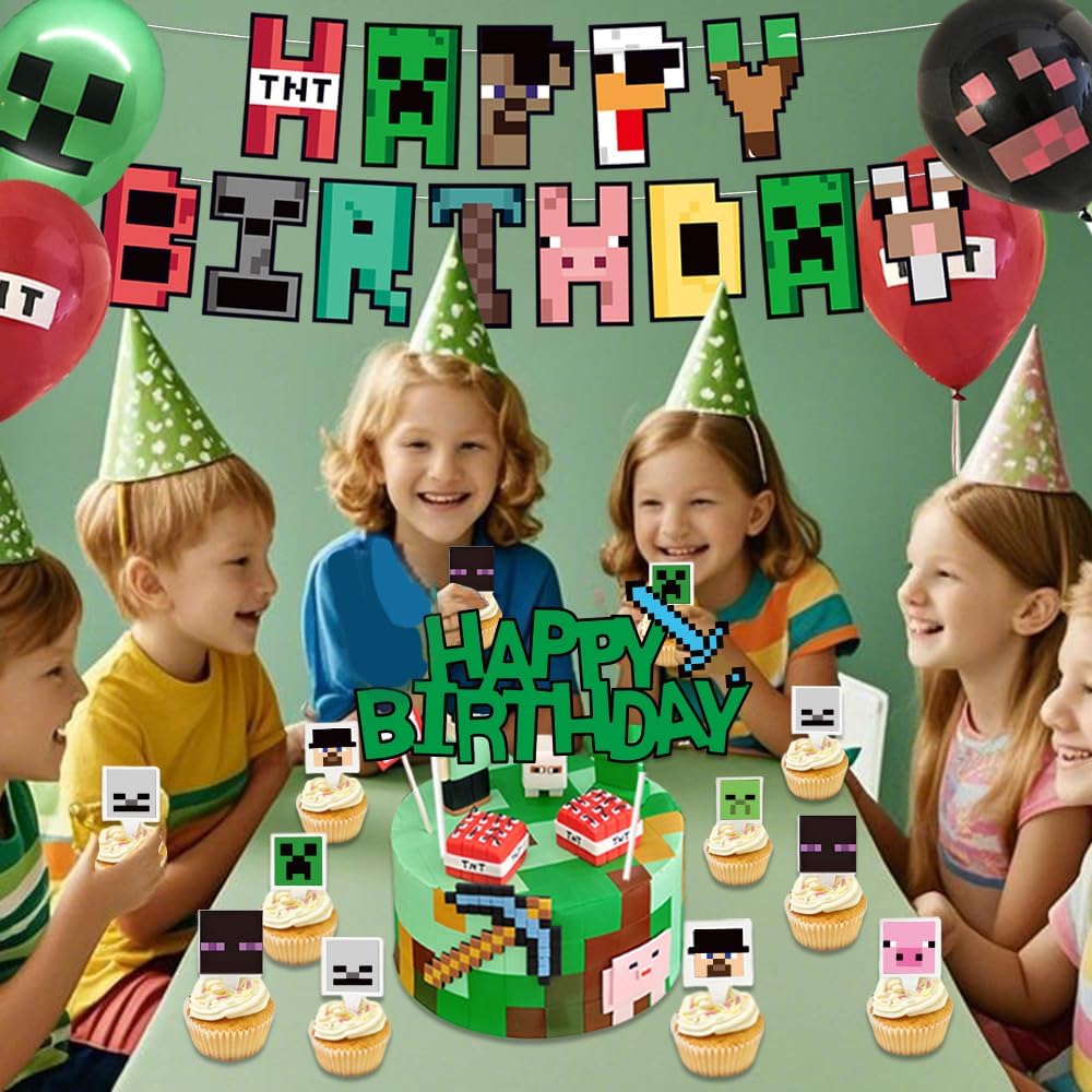 73Pcs Pixel Game Birthday Party Decorations for Boys, Pixel party supplies Kit, Gaming-Themed Birthday supplies Set including Banner, Tablecloth, Sword Foil Balloons, Cupcake Toppers.