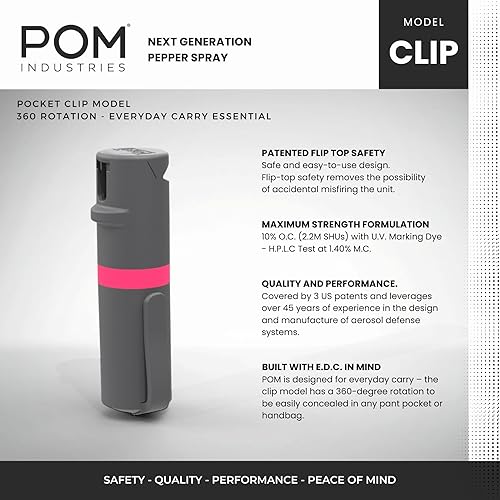 Miniatura 2 de POM - Gas pimienta con clip para bolsillo superior, aerosol con OC de máxima potencia para autodefensa, diseño táctico compacto y seguro, 25