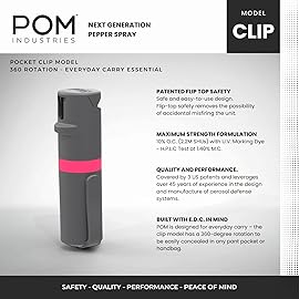 POM Pepper Spray Pocket Clip - Flip Top Safety - Maximum Strength OC Spray Self Defense - Tactical Compact & Safe Design - Quick Key Release - 25 Bursts & 10 ft Range