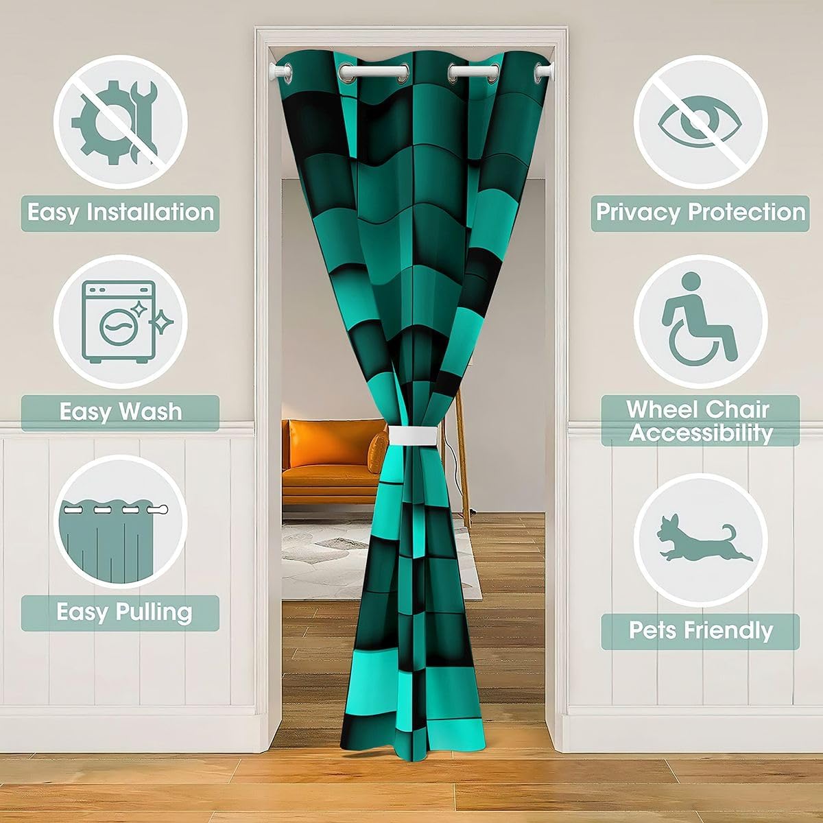 Manfei Pixelated Miners Blocks Kids Door Curtain,Patchwork Square Video Games Blackout Curtain,Geometric Patchwork Grid Bedroom Doorway Living Room Decor,Teal Privacy Door Drape 1 Panel,42" W X 80" L image 3