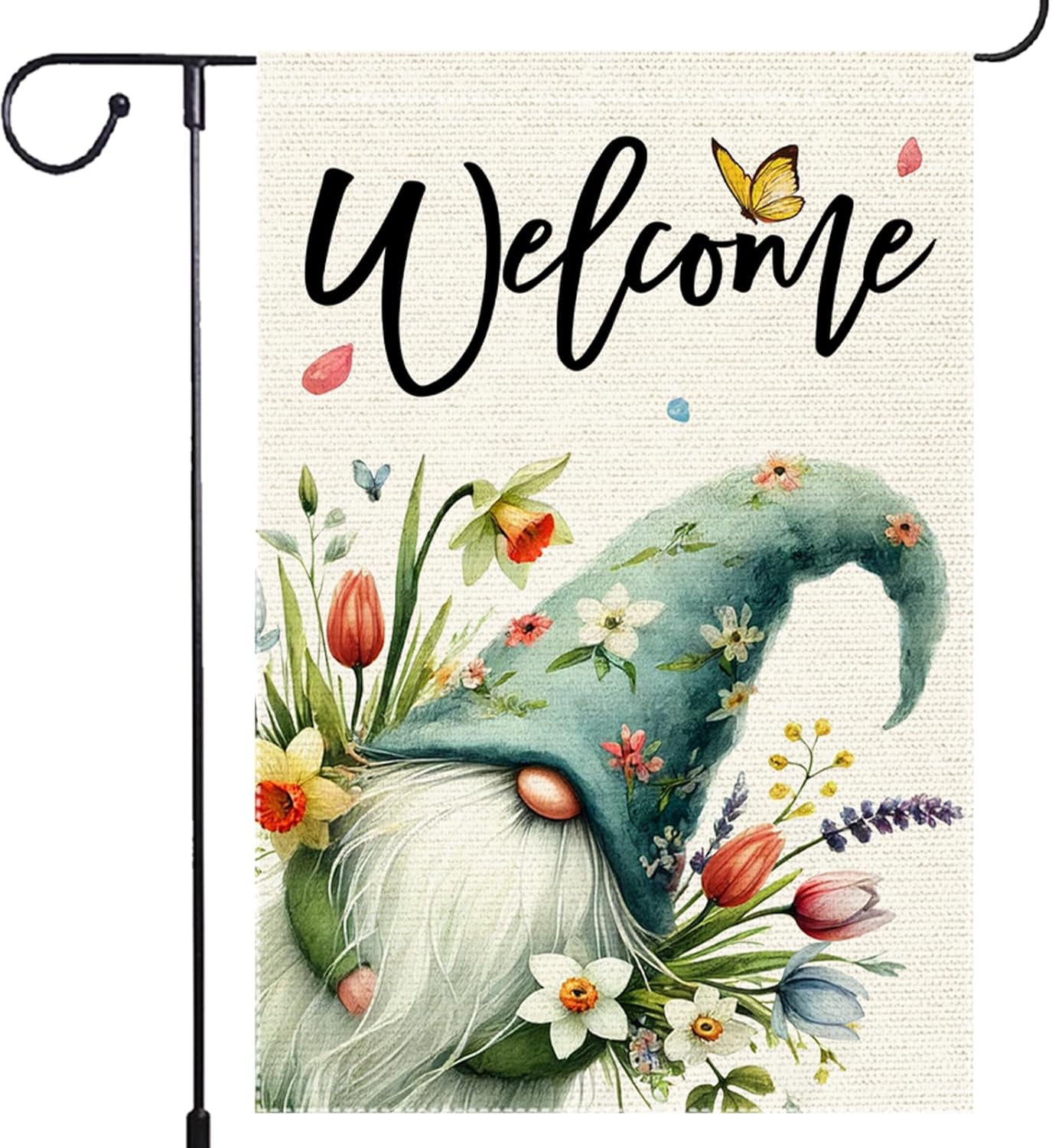 Welcome Spring Summer Tulip Garden Flag Flowers Butterfly Garden Flags 12x18 Inch Burlap Double Sided Gnome Colorful Floral Small Lawn Yard Outside Rustic Farmhouse Holiday Decorations Flags