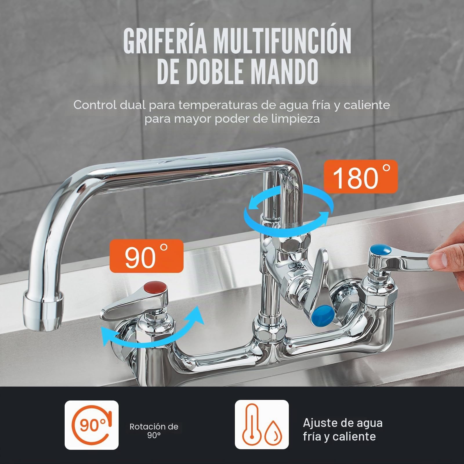 VEVOR Grifo Comercial con Rociador de Preenjuague, 53,34 cm de Altura, 20,32 cm de Centro, Caño Oscilante, Grifo para Fregadero de Cocina de Montaje en Pared, Dispositivo Construido en Latón