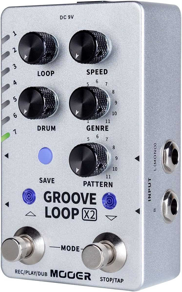 Lato view of the Mooer Groove Loop X2 pedal showing input jacks