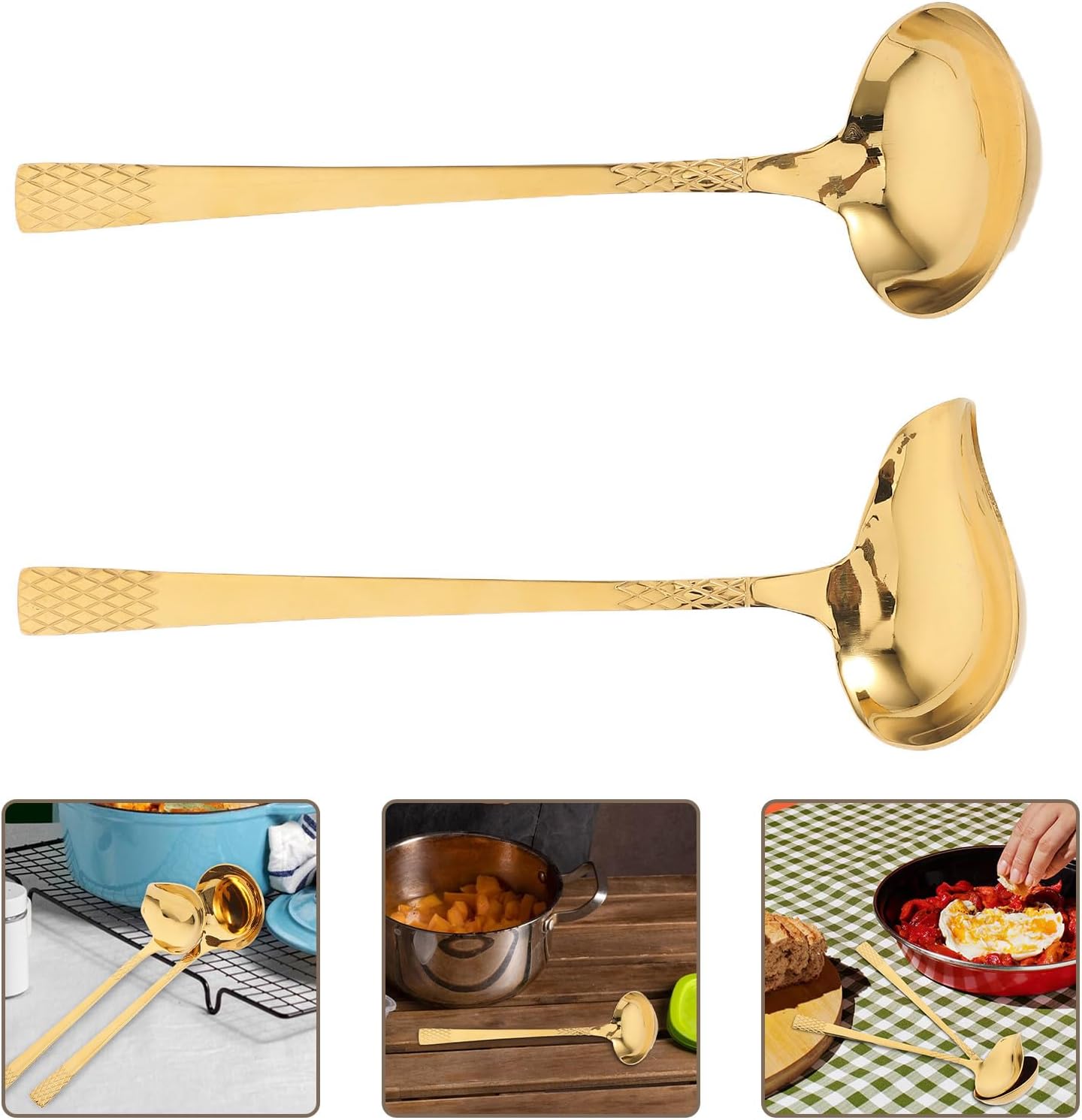 FUOYLOO 2pcs Stainless Steel Sauce Portioning Spoons with Pouring Spout Small Soup Ladles for Home Kitchen Cooking and Serving Gravy in Gold