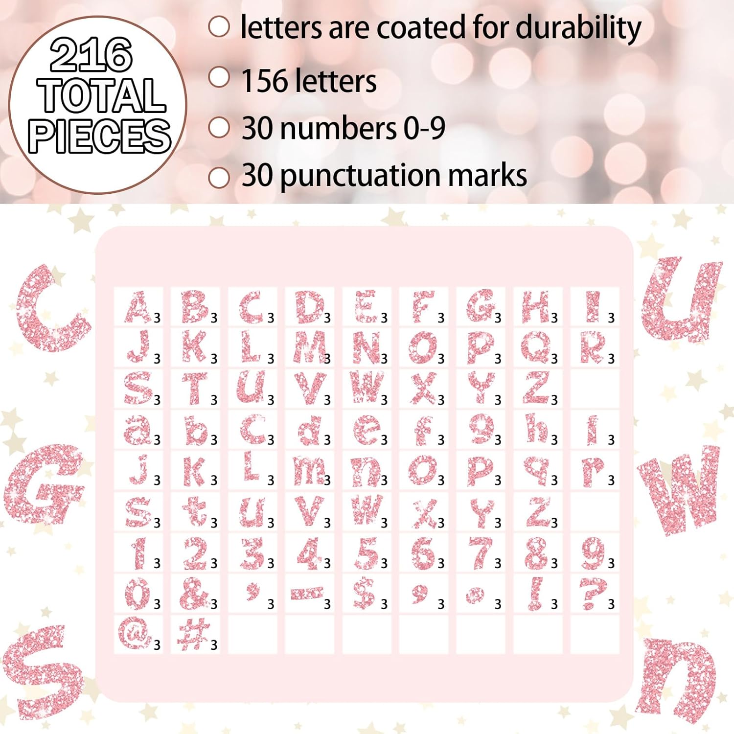 Colarr 216 Pcs Glitter Bulletin Board Letters for Classroom Number Alphabet Punctuation Symbol Cutout 4'' Die-Cut Poster Letter with Adhesive Dot School Party Holiday Decor Display(Light Pink)