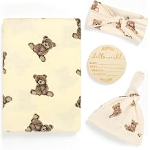 TANOFAR Muslin Swaddle Blankets for Girls Boys 4 Pack, Ultra Breathable Receiving Blankets Large 47 x 47 inches with Matching Headband and Beanie Set Baby Nursery Swaddle Wrap, Cute Bear