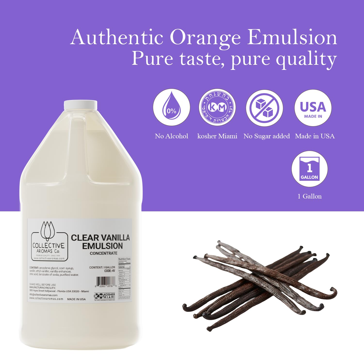 Clear Vanilla Emulsion for Baking - Natural Flavoring Blend for Cookies, Cakes, Ice Cream, Smoothies, Beverages & More - 1 Gallon Kosher, Clear Vanilla Emulsion by Collective Aromas Co.