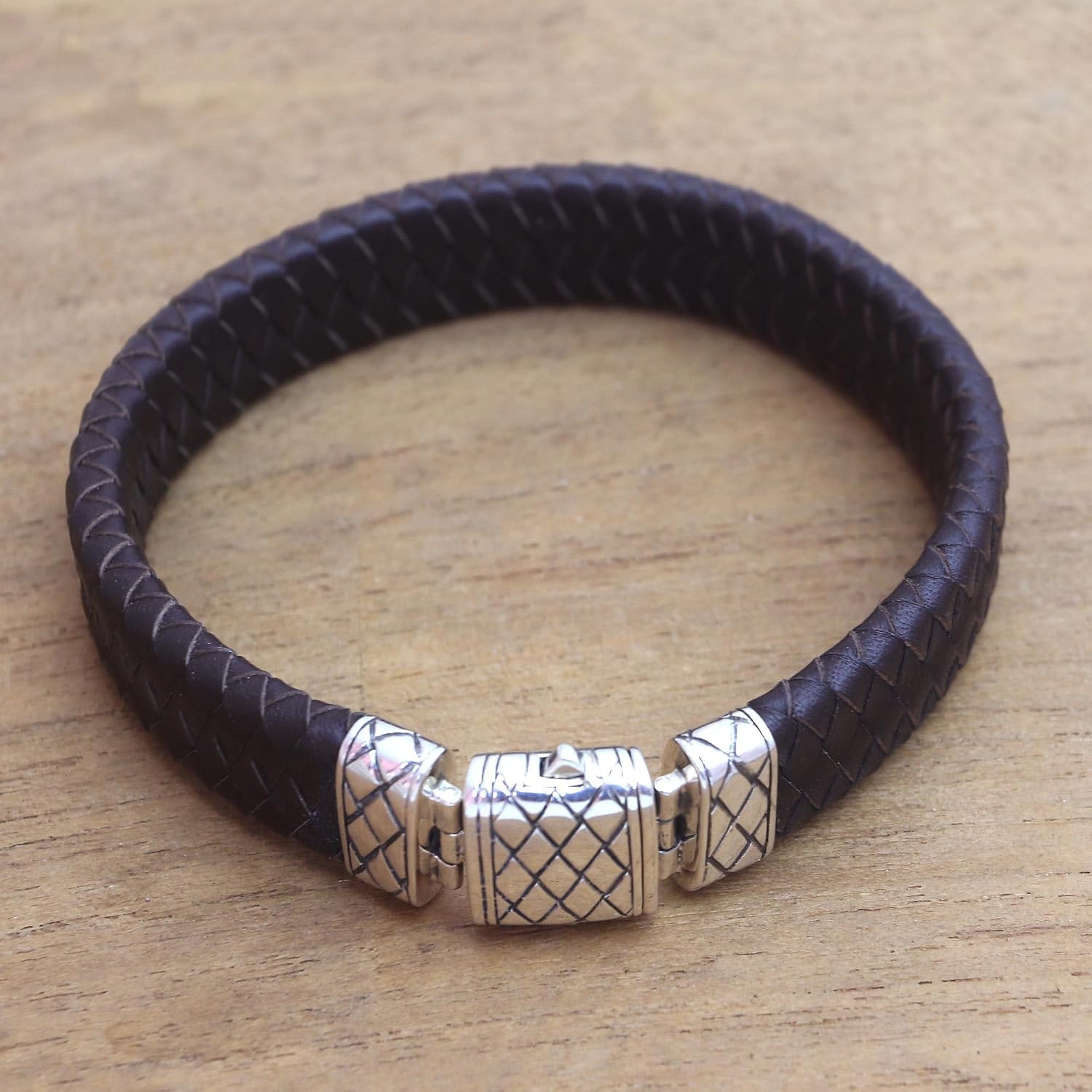 NOVICA No Stone .925 Sterling Silver Leather Men's Bracelet 'Woven Pattern'