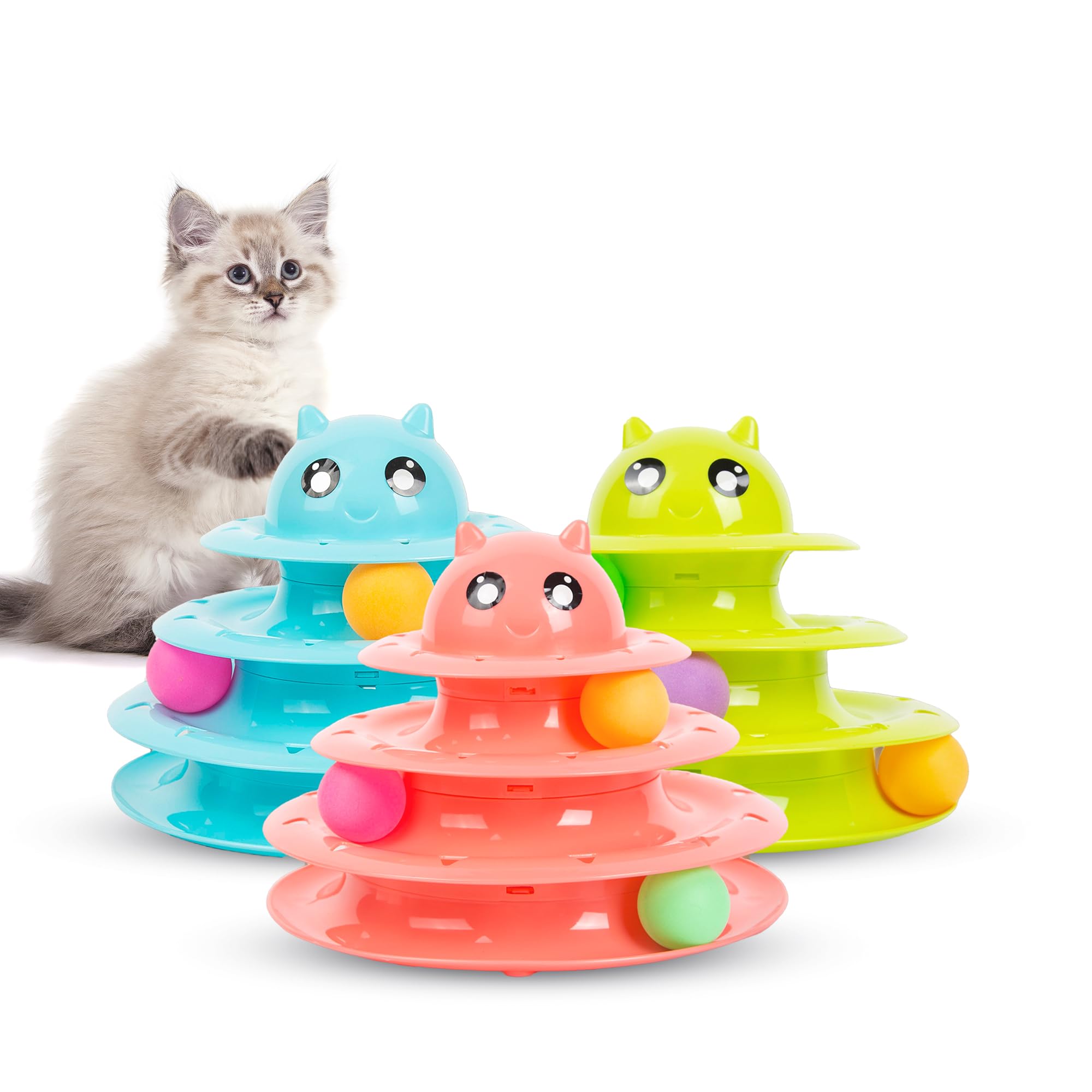 ASAB Cat Ball Toy for Indoor Kittens - 3 Tier Interactive Puzzle With 3 Colorful Balls, Fun Roller Wheel, Sturdy Smooth Edges for Exercise - Any Random Color