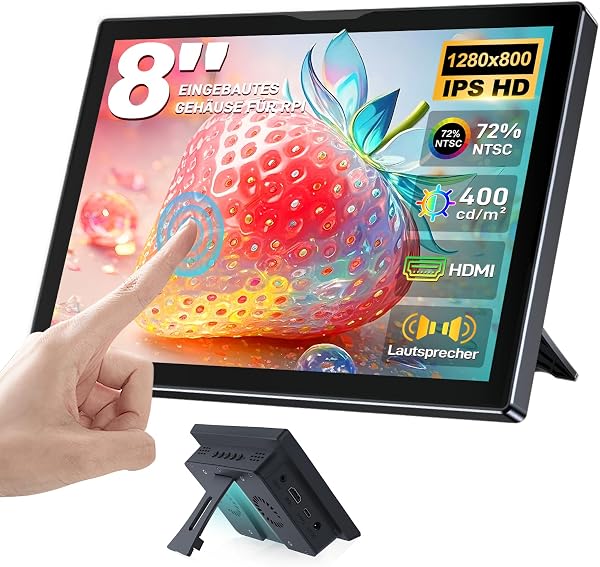 Ueplain Écran Tactile Portable 8 Pouces Moniteur pour Raspberry Pi, HD IPS 1280×800 Mini Petit écran avec boîtier, Double Haut-Parleur, HDMI, pour Raspberry Pi 5/4B/3B+/3B/B+, Windows 11/10/8/7/PC - 1