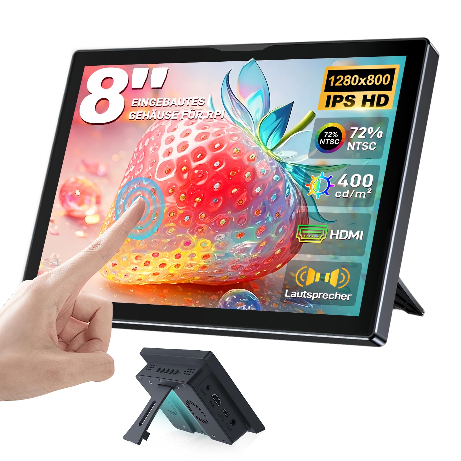 Écran Tactile Portable 8 Pouces Moniteur pour Raspberry Pi, HD IPS 1280×800 Mini Petit écran avec boîtier, Double Haut-Parleur, HDMI, pour Raspberry Pi 5/4B/3B+/3B/B+, Windows 11/10/8/7/PC