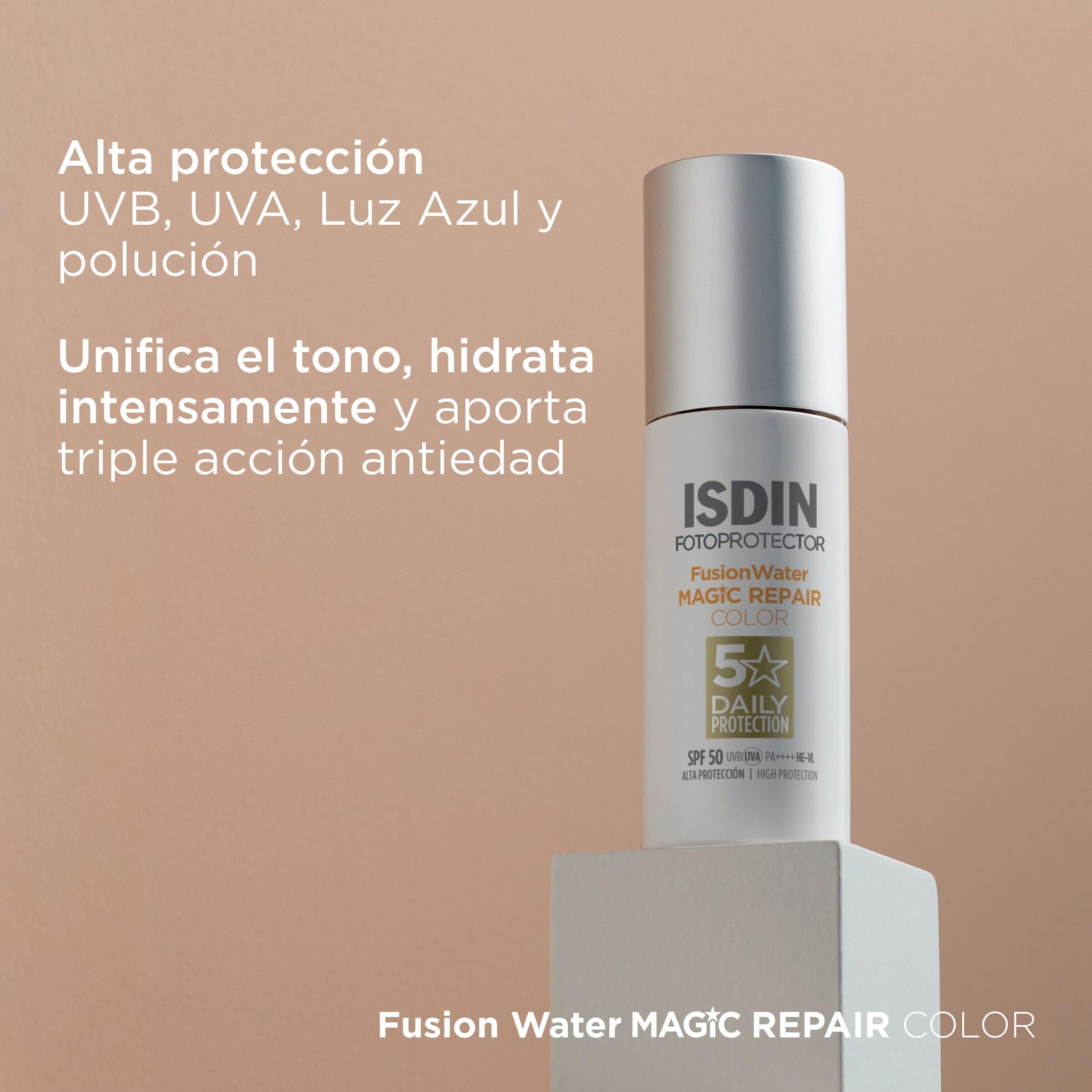 ISDIN Foto Protector Magic Repair Fusion Water Color SPF 50 - Protector solar facial con color de fase acuosa, triple acción anti-fotoenvejecimiento, 50 ml