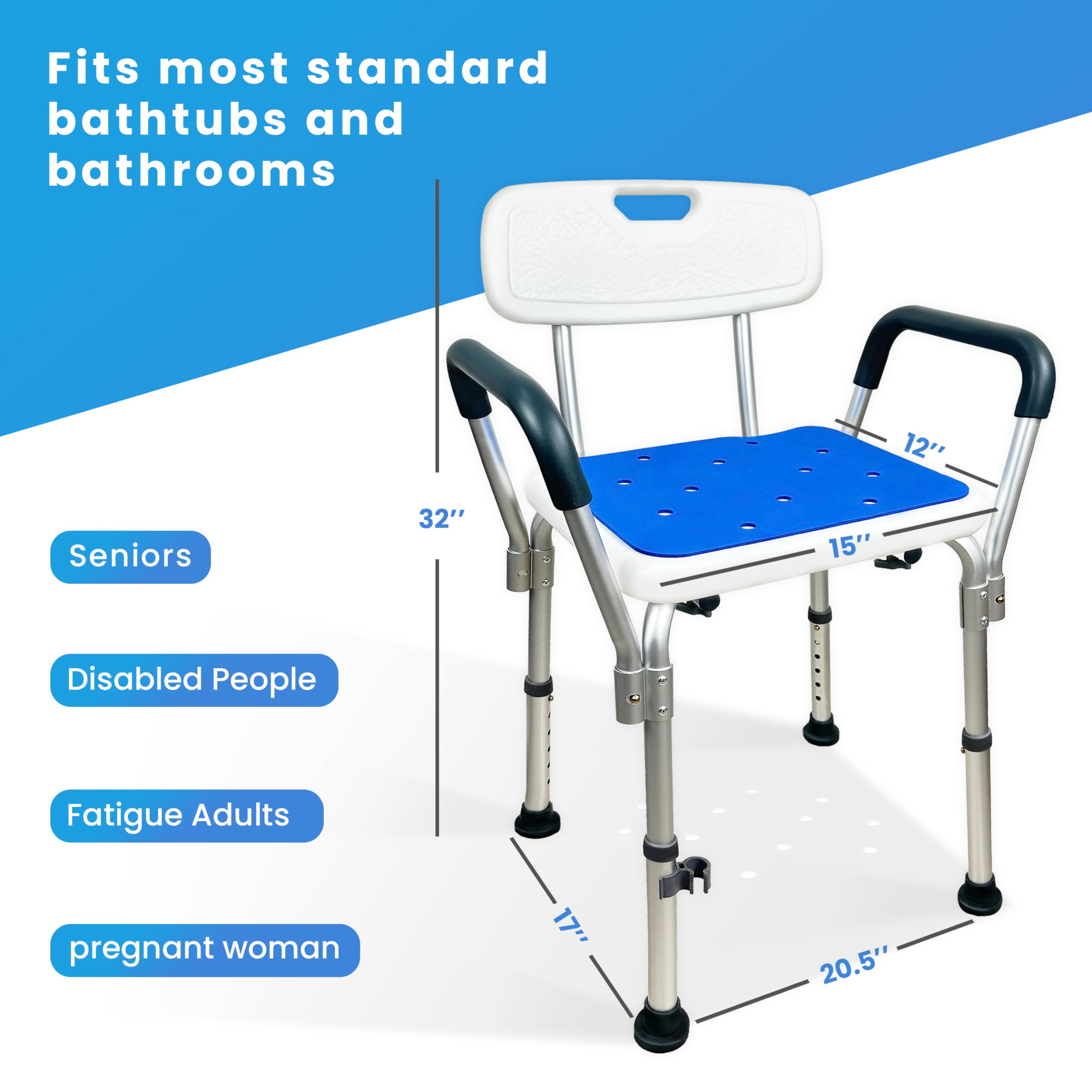 Silla de ducha para asiento interior de ducha con reposabrazos acolchados de altura ajustable, silla de ducha para ancianos y discapacitados, asiento antideslizante, resistente, capacidad de 350