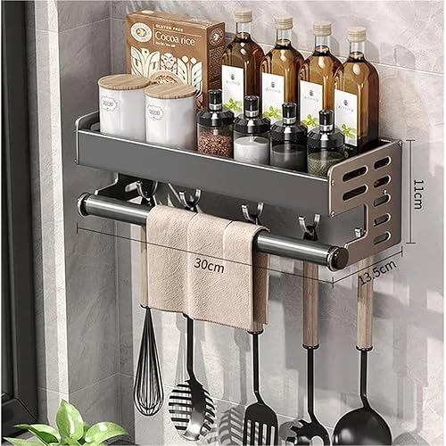 Miniatura 2 de Estante para utensilios de cocina montado en la pared, estante de almacenamiento de especias, estante de almacenamiento colgante con ganchos,