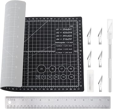 A4 Self Healing Cutting Mat & Carving Craft Knife with 5 Extra Blades and Stainless Steel Cork Ruler 12 inch / 30cm Dual Scale for DIY Art Work Cutting, Hobby, Stencil, Scrapbooking Stencil