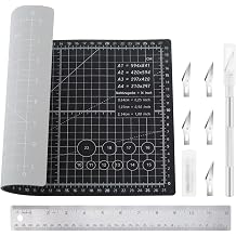 A4 Self Healing Cutting Mat & Carving Craft Knife with 5 Extra Blades and Stainless Steel Cork Ruler 12 inch / 30cm Dual Scale for DIY Art Work Cutting, Hobby, Stencil, Scrapbooking Stencil