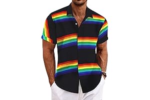 Men's Short Sleeve Rainbow Button Up Linen Shirts