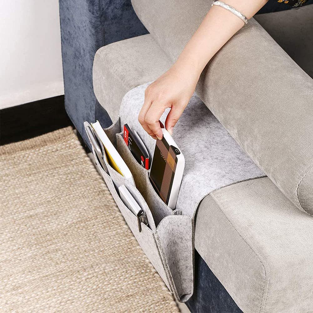 Relaxdays bed organizer, 6 vakken, klittenband, vilten bedside pocket HBD 27x31,5x11,5 cm, bank opbergtas, donkergrijs