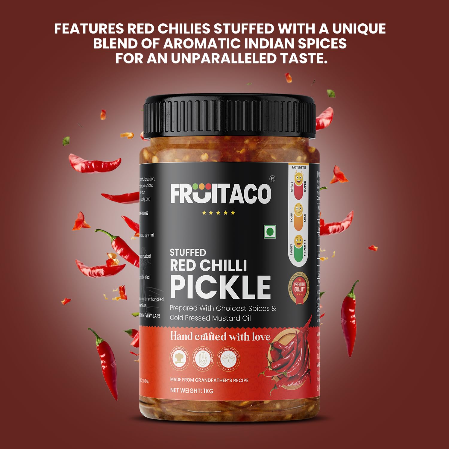 Fruitaco Stuffed Red Chilli Pickle – Authentic Indian Pickle with Tangy and Spicy Flavor | Perfect Side for Meal (1 Kg, Stuffed Red Chilli Pickle) - Image 2 thumbnail