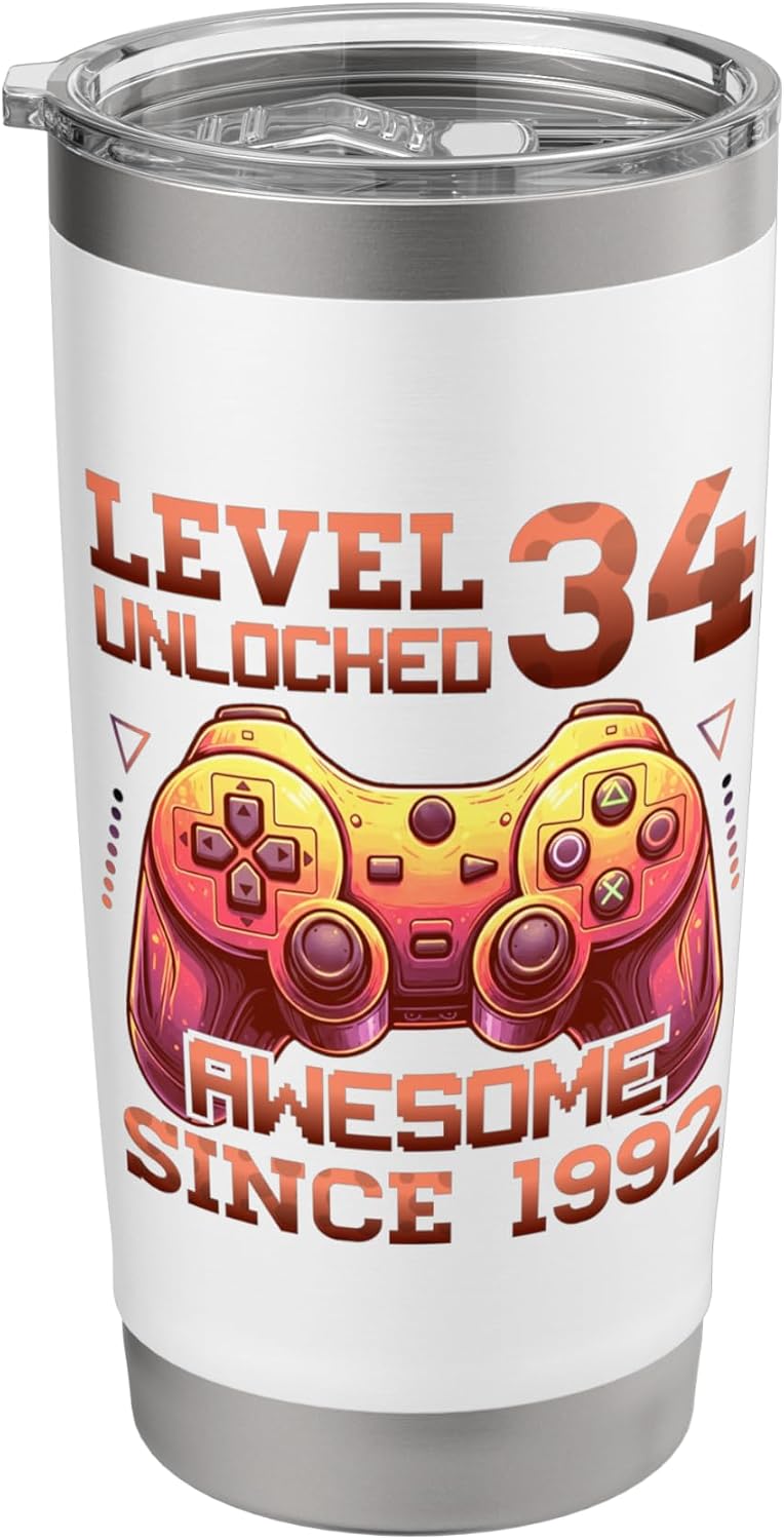 Level 34 Unlocked Awesome Since 1992 34 years old Birthday Stainless Steel Insulated Tumbler