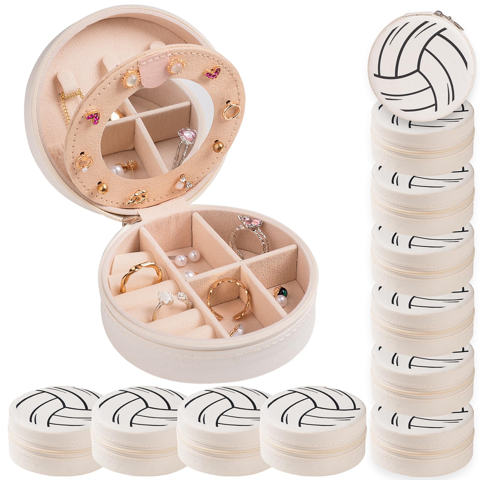 Photo 1 of ***PARTIAL SET - PRICE ADJUSTED***12-Pack Volleyball Travel Jewelry Case With Mirror Round Volleyball Stuff Portable Jewelry Organizer Storage Case for Team Athletes & Sports Enthusiasts Christmas Events & Milestones (Mirror)