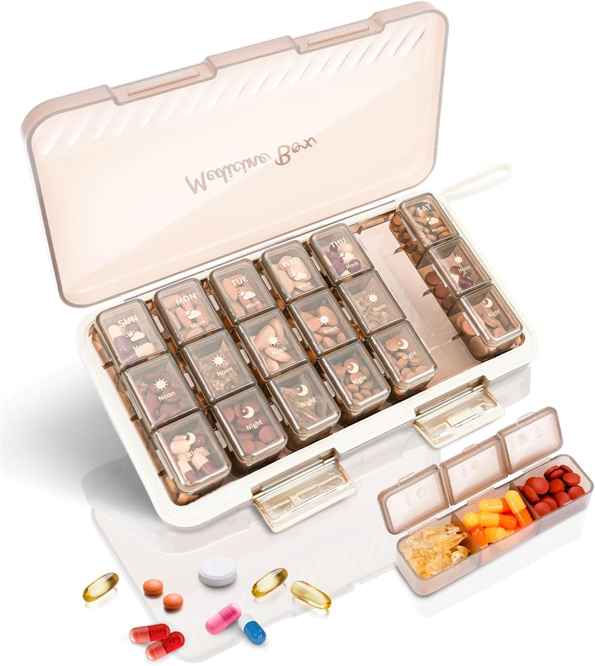 Brown weekly pill organizer with 3 compartments per day