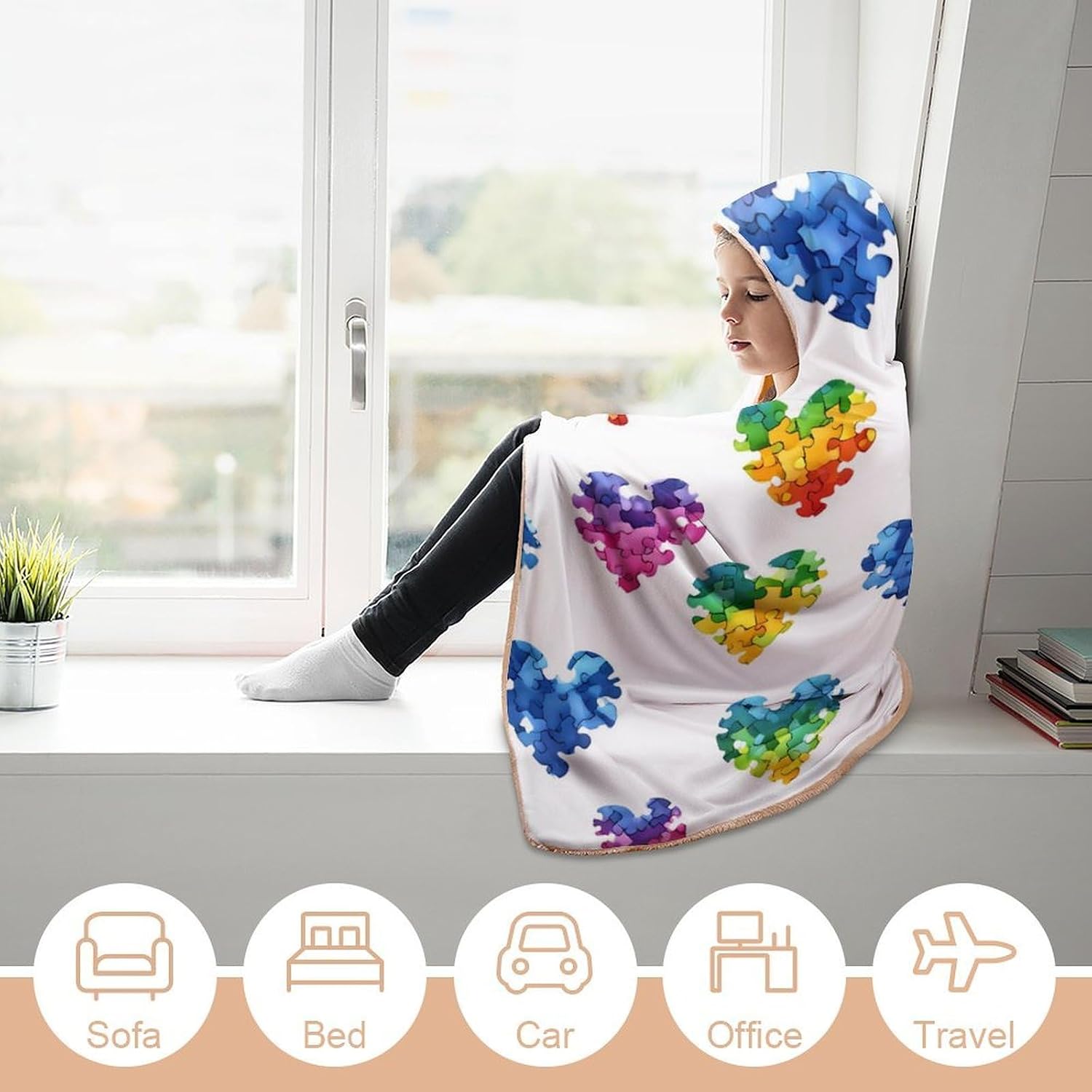 Autism Awareness Heart Wearable Blanket Hoodie | Flannel Fuzzy Machine Washable Home Camping Lounging