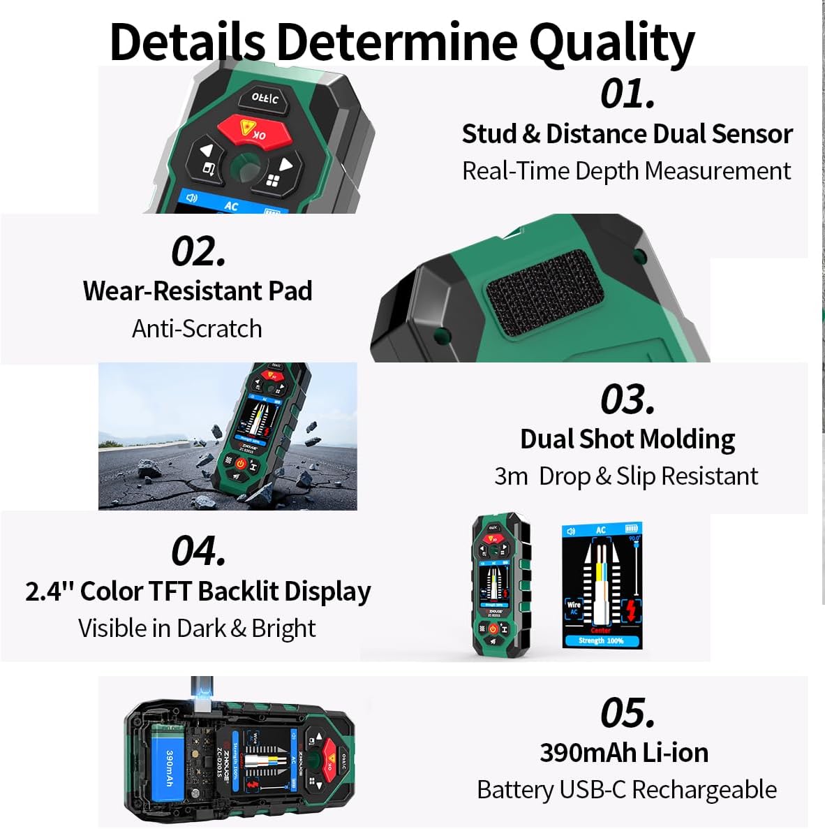 201S Stud Finder Wall Scanner,Laser Measuring Tool and Digital Level | USB-C Rechargeable,2.4" HD Display,6 Hours Battery Life,Audio Alert,Mounting TV & Floating Shelves for Handyman & DIYers