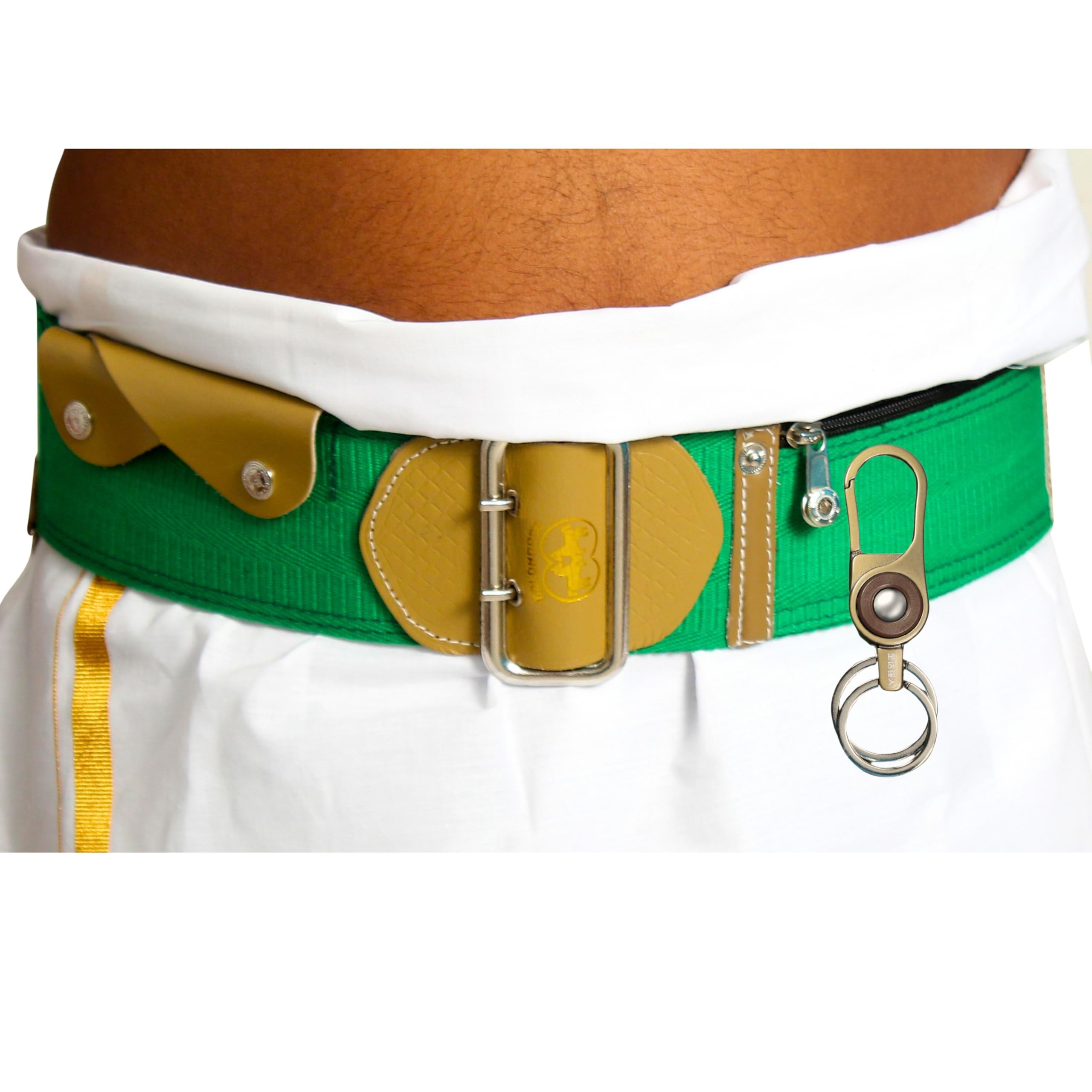 Nylon, Cotton Hajee Ahram Green Belt For Men | Adjustable Waist Size 48 Inch, Steel Buckle For Dhoti Lungee, Pant Tightner Clip