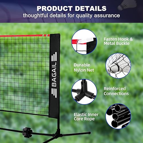 Miniatura 4 de BAGAIL Red de bádminton, red de voleibol para niños de altura ajustable, red de nailon plegable de 10 pies14 pies17 pies de ancho, red de tenis,