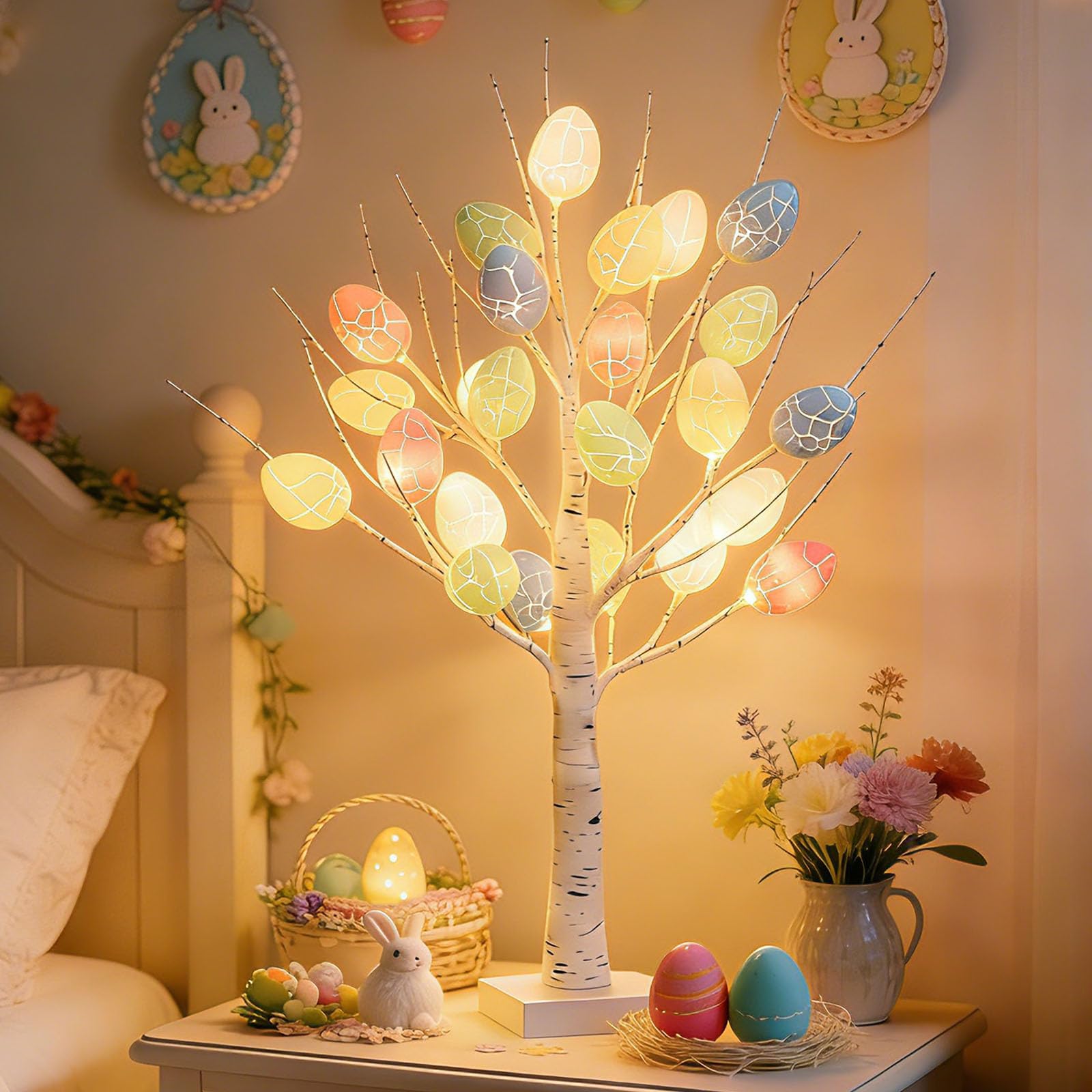 Weiongppy Osterbaum Mit Lichtern, Weißer Künstlicher Osterzweigbaum Mit 24 Bunten Ostereiern, Batteriebetriebener/USB Tischbaum 62cm Mit Warmweißen LEDs, Osterdekoration Für Zuhause Und Geschenke