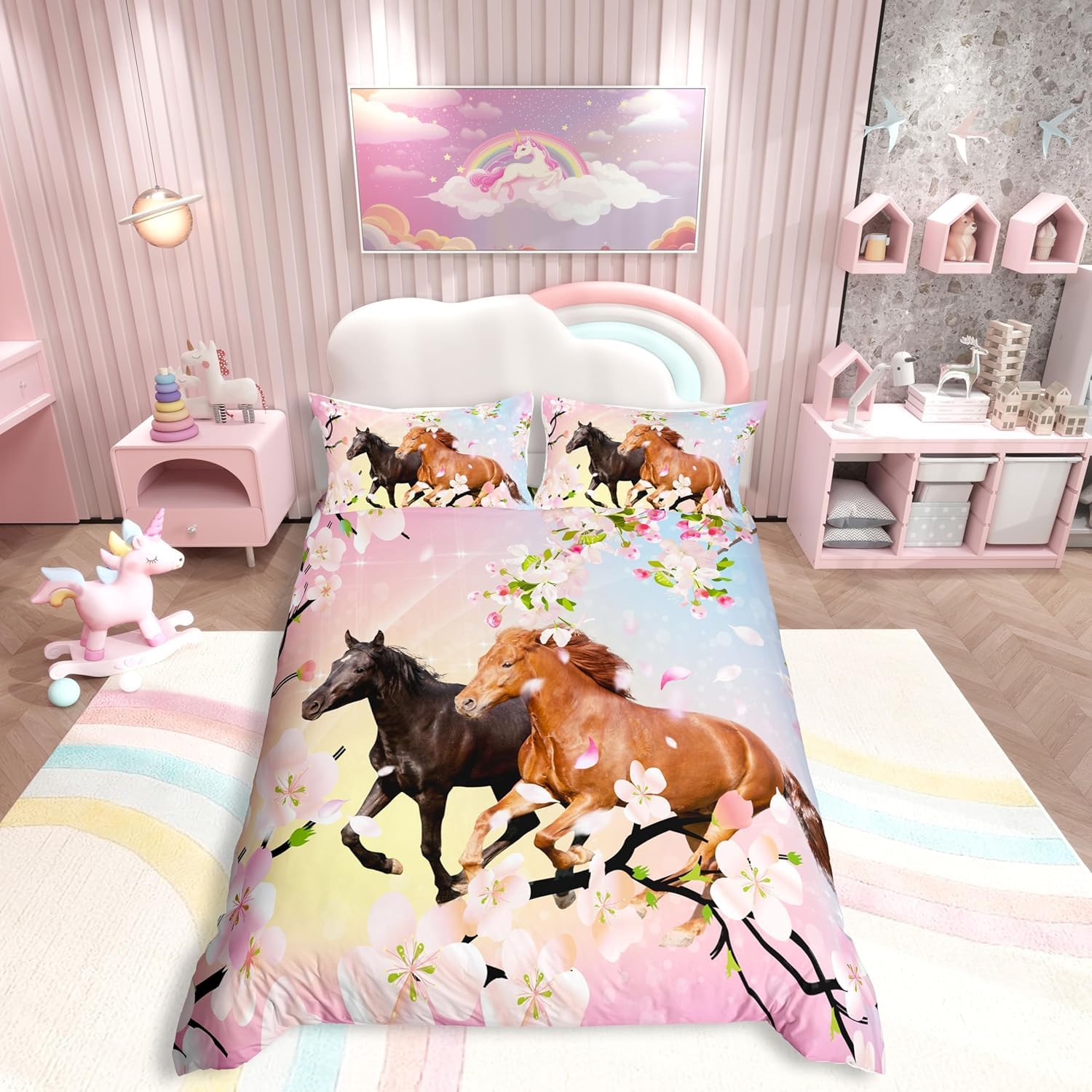 Homemissing Super King Horse Duvet Cover Girl Farmhouse Flowers Bedding Set Room Cherry Blossom Pegasus Decoration Set Duvet Cover Pink Sparkling Wildlife — image 1