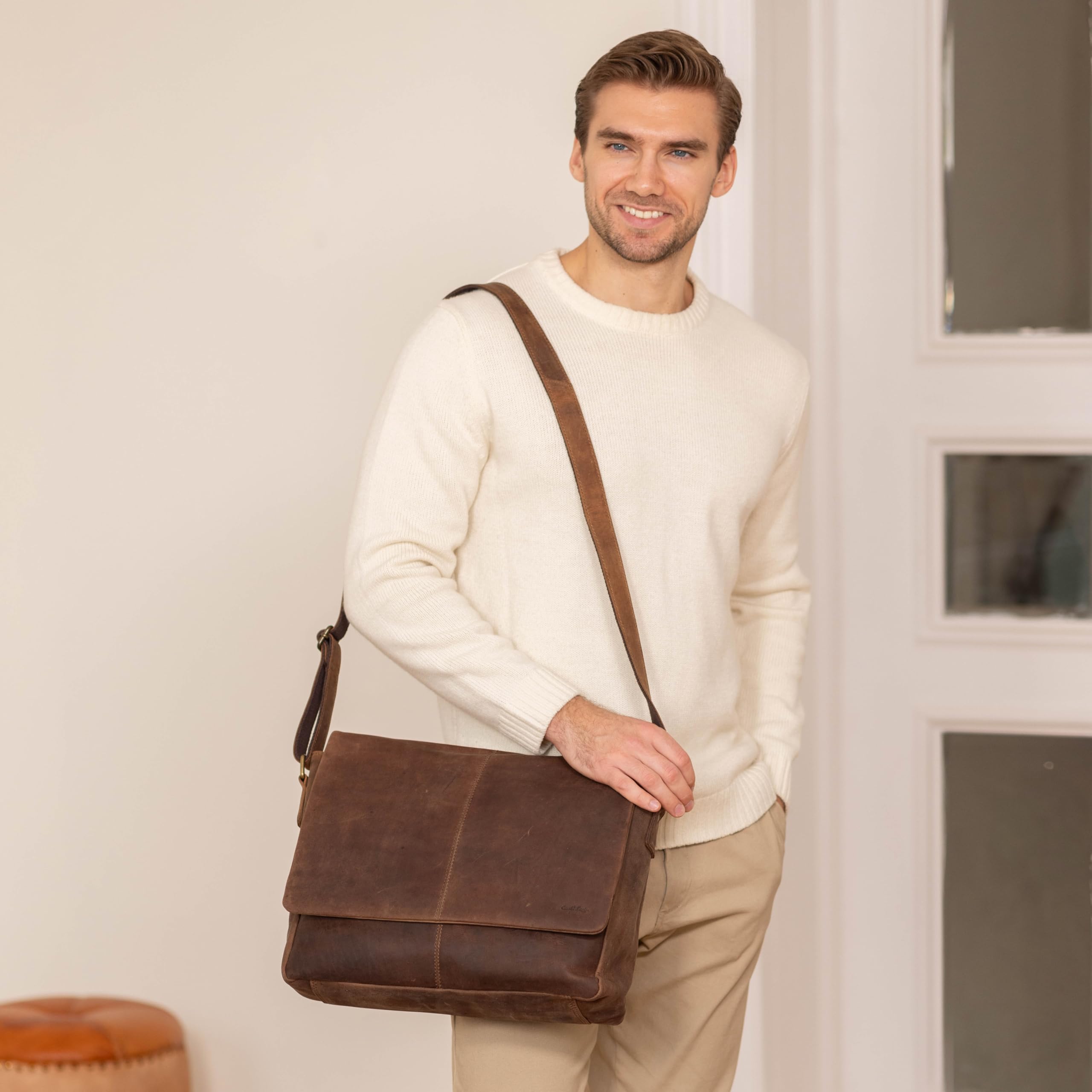 Gusti Skórzana torba męska na ramię z trwałej skóry bydlęcej | Elegancka torba na laptopa i dokumenty do pracy i na co dzień z dużą pojemnością