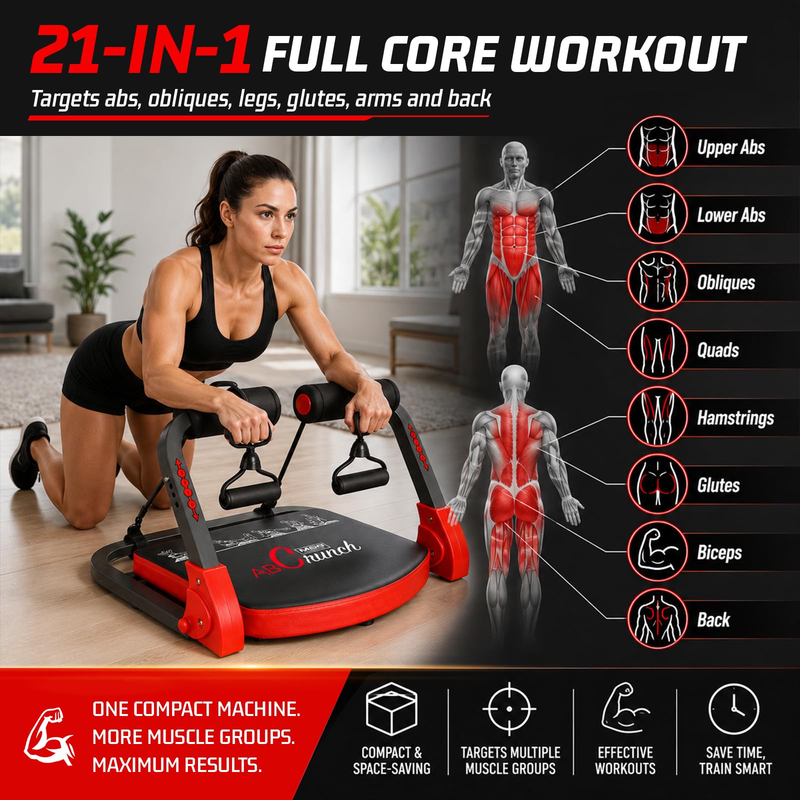 Trening brzuszny 21 w 1, 3-biegowy, regulowany, domowy, składany, z dwoma linami oporowymi, obciążenie do 100 kg, nadaje się do domu, studia fitness, biura