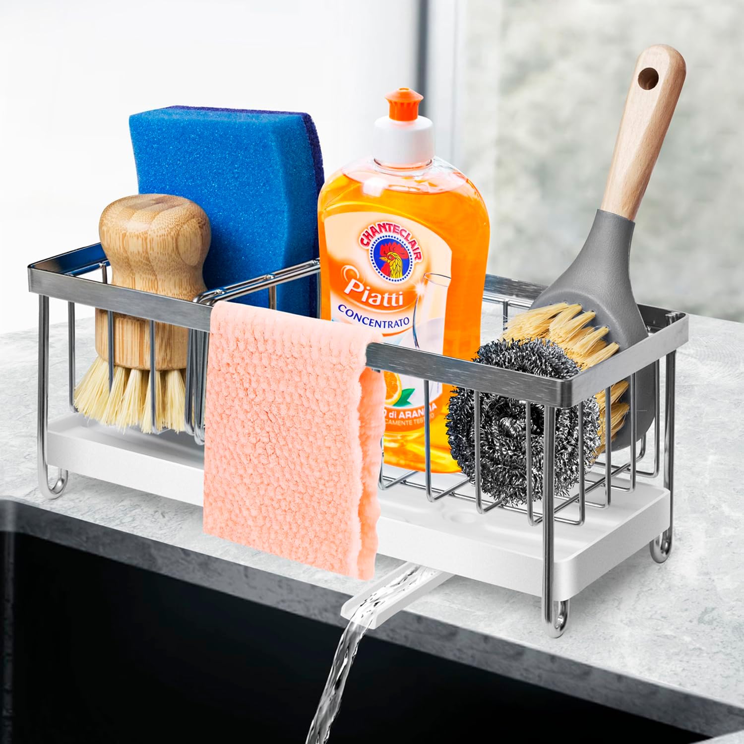 KSEV Sink Caddy with Adjustable Auto Spout Drain Pan