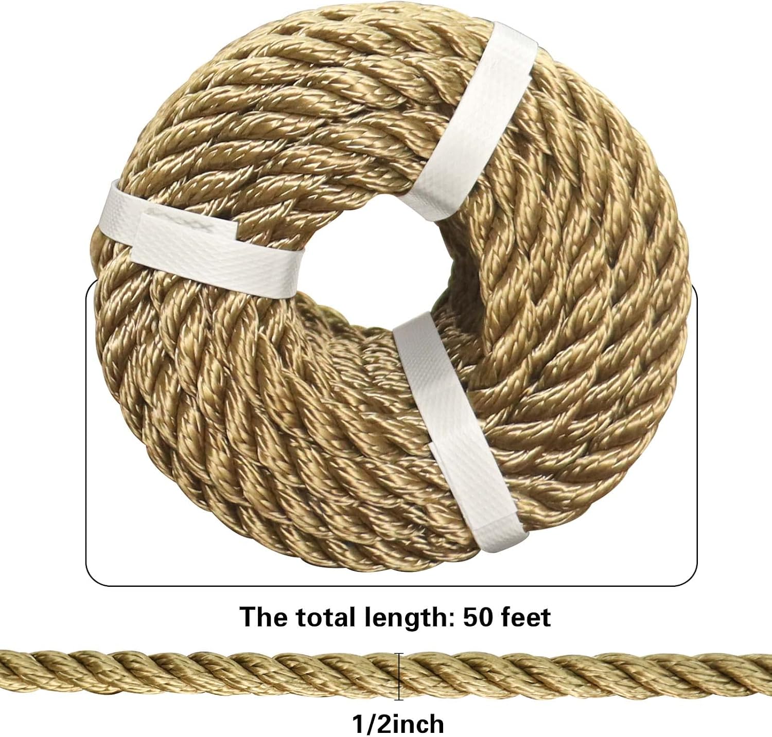 Brown Twisted Polyester Rope 1/2 inch x 50 feet - Strong Rope for Swing Pulling Camping Sailing Marine Anchor line Crafts- Utility Outdoor Rope