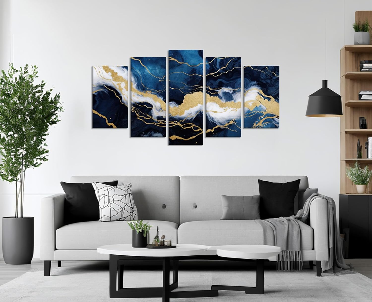 5Pcs Navy Blue and Gold Canvas Print Wall Art Abstract Picture Wall Decor Framed White Texture Painting Modern Artwork for Living Room Bedroom Ready to Hang - 8x14inx2 8x18inx2 8x22inx1
