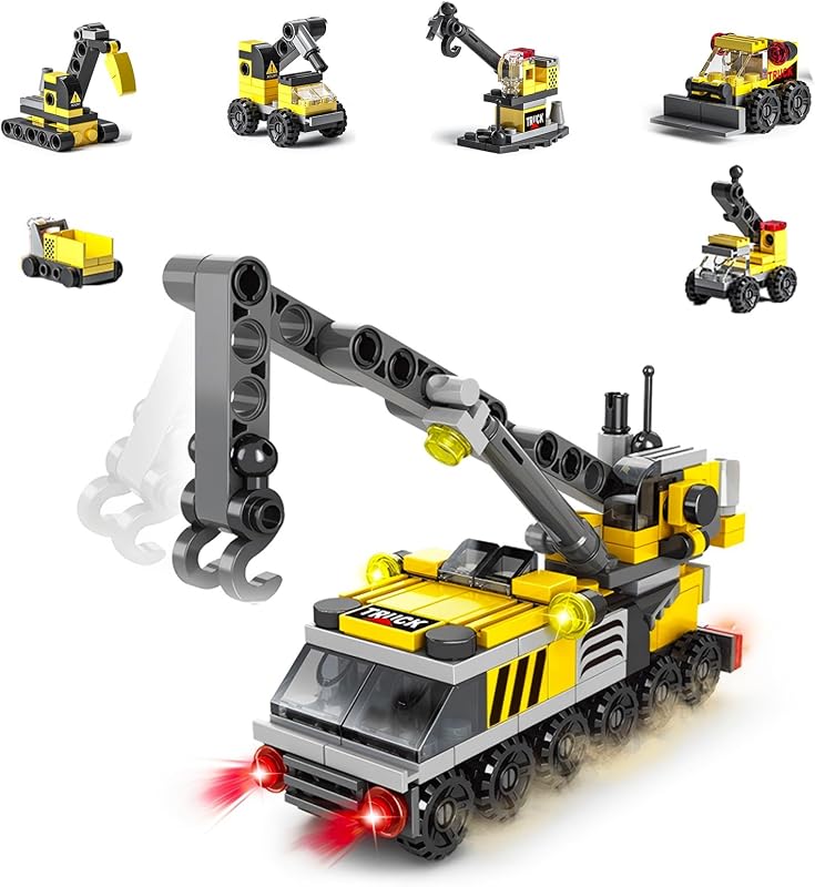 Juego de bloques de construcción para camiones de construcción de rescate - Juguete para vehículos de ingeniería 7 en 1 con brazo de grúa giratorio, ruedas rodantes | Regalo educativo STEM para niños de 6 a 12 años | Juego de camión de bomberos y emergencia
