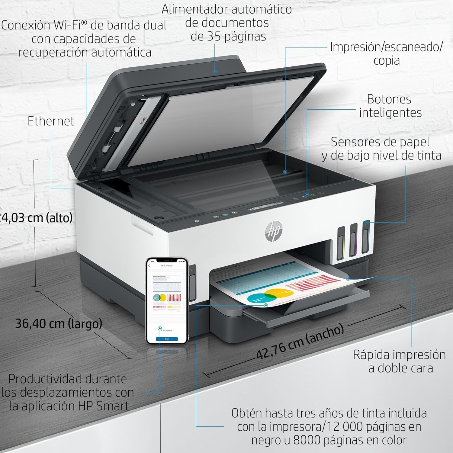 HP Smart Tank 7305 28B75A -Impresora A4 Multifunción con Deposito de Tinta Recargable, Impresión a Color, Escaner, Copiadora, Wi-Fi, Smart App, Blanca y Gris Oscuro
